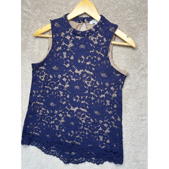 Rose + Olive Navy Blue Lace Crochet Mock Neck‎ Sleeveless Lined Top Women's M - Picture 11 of 14